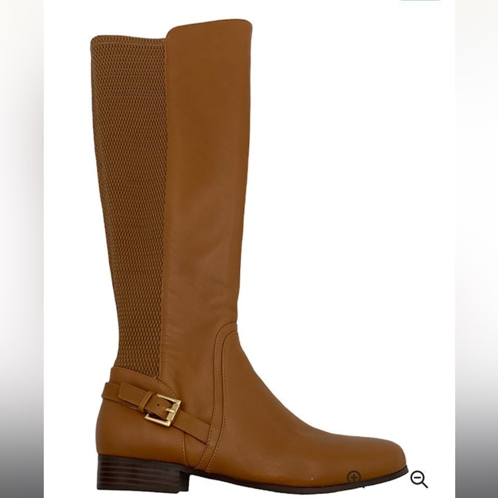 NWB Isaac Mizrahi Live! Medium Calf Leather and Stretch Riding Boot Cognac sz 8